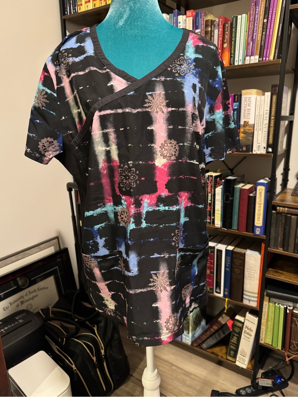 Koi lite Multicolor women’s V-neck Scrub Top - Black Base with Pink, Blue & Teal